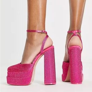 Public Desire Moonchild double platform rhinestone heels in hot pink.